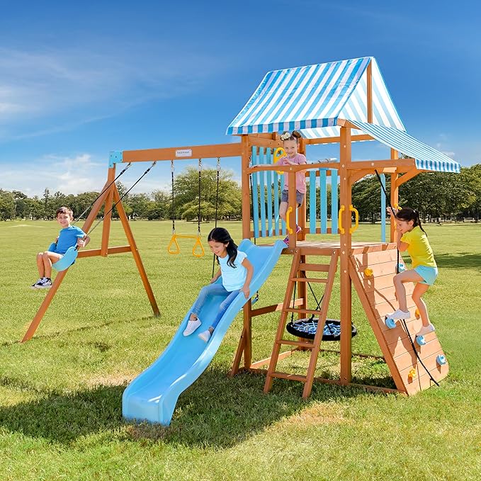 Teamson Kids Laguna Wooden Swing Set with Slide & Climbing Wall, Solid Wood, Natural and Aqua