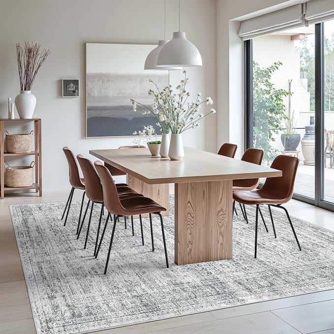 Soalmost 10x12 Area Rugs for Living Room Washable Rug Non-Slip Grey | Large Vintage Stain Resistant Carpet for Dining Bedroom, Low Pile Lightweight Foldable Floor Mat Nursery Home Office Decor