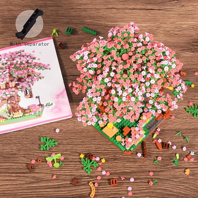 Cherry Blossom Tree Building Block Set Gift for Adults Girls Boys 14+, Cherry Bonsia Treehouse Micro Building Blocks, Japanese Sakura Flowers House 2138PCS