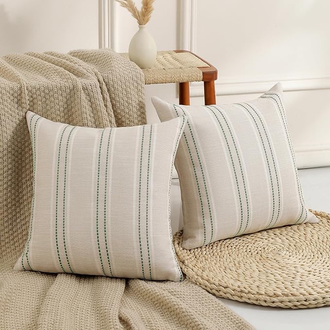 Hckot Sage Green Throw Pillow Covers 22x22 Set of 2 Striped Pillow Covers Spring Decorative Pillows Square Cushion Covers for Sofa Couch Bed Living Room Farmhouse Decor,Green