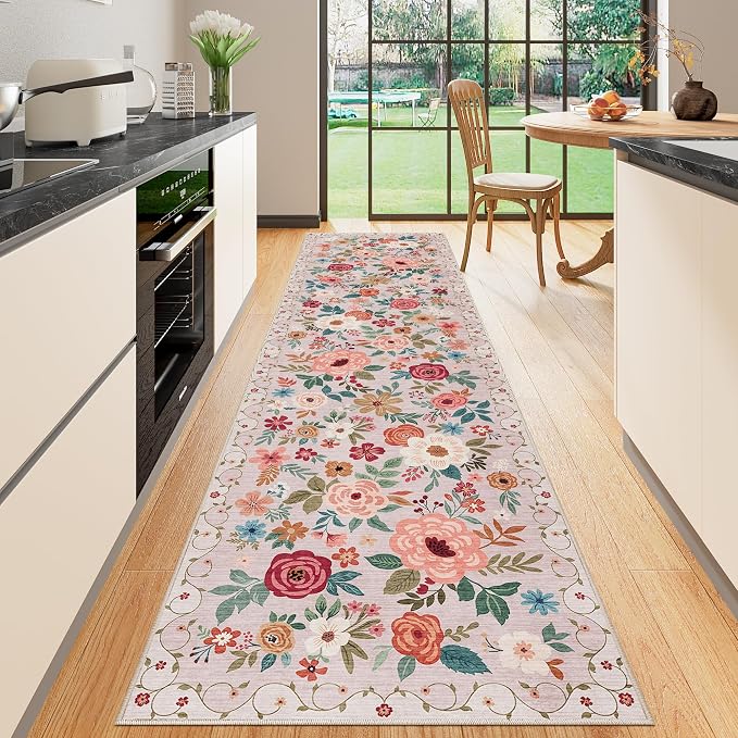 DUKINO 2.6x10 Runner Rug for Hallway, Washable Kitchen Rugs Non Slip, Beige | Soft, Low Pile, Floral Indoor Floor Rug Runner for Entryway, Bedroom, Bathroom, Laundry, Pet Friendly, Home Decor, Ultra-Thin