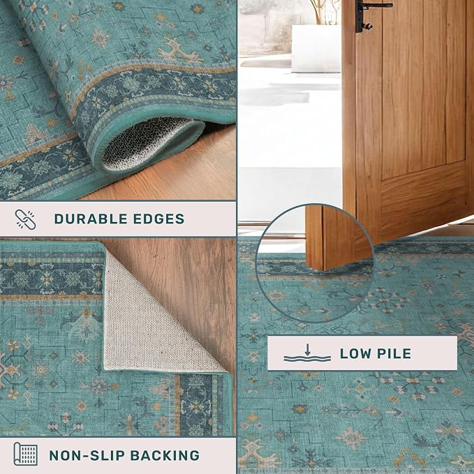 Large Boho 8x12 Teal Green Washable Living Room Rug - Vibrant Turquoise Rug for Bedroom Under Bed, Dining Room Under Table, Geometric Floral Low Pile & Soft Stain Resistant Carpet