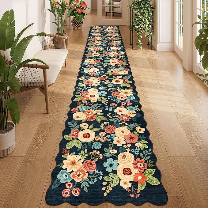 DUKINO 2x12 Washable Runner Rug, Long Runner Rug for Hallway, Navy Blue | Non Slip, Low Pile, Soft Floral Throw Rug Runner for Kitchen, Entryway, Bedroom, Bathroom, Pet Friendly, Modern Home Decor
