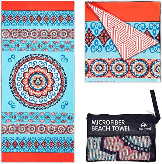 Elite Trend Microfiber Beach Towel for Adults with Bag - Extra Large 78x35 Inch Lightweight Sand Free Quick Dry Towel for Travel, Swimming, Yoga, Camping (Mandala Coral)