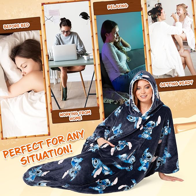 Disney Stitch Blanket Hoodie for Women and Teenagers - Cosy Oversized Fleece Poncho One Size Sherpa Hood - Stitch Gifts Navy
