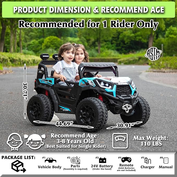 sopbost 24V 7Ah Kids UTV Ride On Car with Remote Control 4WD Battery Powered Ride On Toys Off-Road Electric Car for Boys Girls, Music Play, Blue & White