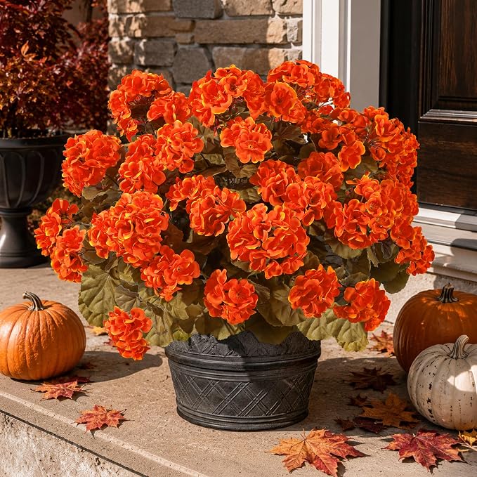 Fake Geraniums Artificial Flowers for Outdoors Fall Autumn Decoration, 6 Bundles Silk Geraniums Look Real Faux Fall Flowers Plants for Front Door Garden Planter Patio Balcony Yard Home Indoor, Orange
