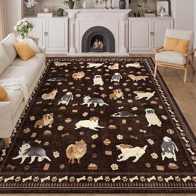 DUKINO 8x10 Area Rug, Washable Dog Rugs for Living Room Soft, Brown | Non Slip, Low Pile, Non-Shedding, Stain Resistant Animal Carpet for Bedroom Dining Room Nursery Farmhouse, Pet & Kid Friendly