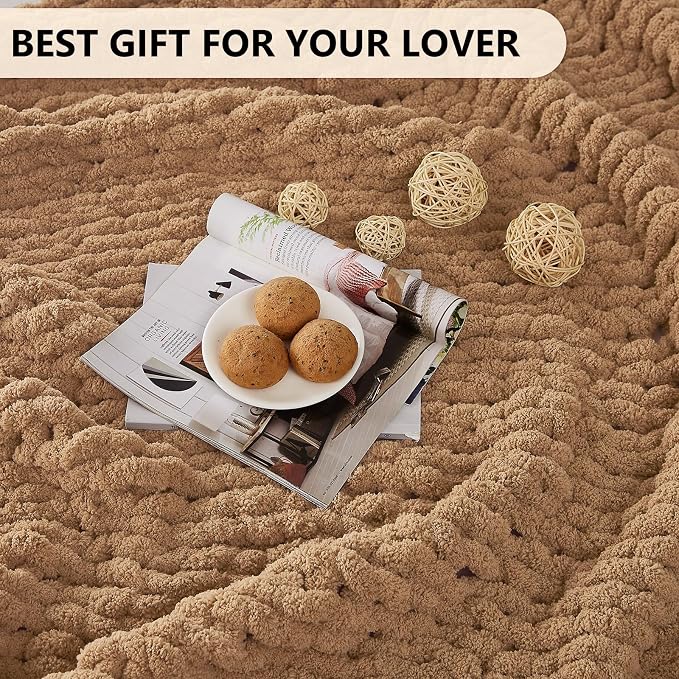 L'AGRATY Chunky Knit Throw Blanket for Couch, 72'' x 84'' Knit Throw, Tan | Handmade Chenille Crochet Blanket for Sofa Bed, Thick Cable Knitted Blankets for Room Home Decor, Birthday Gift for Women Mom