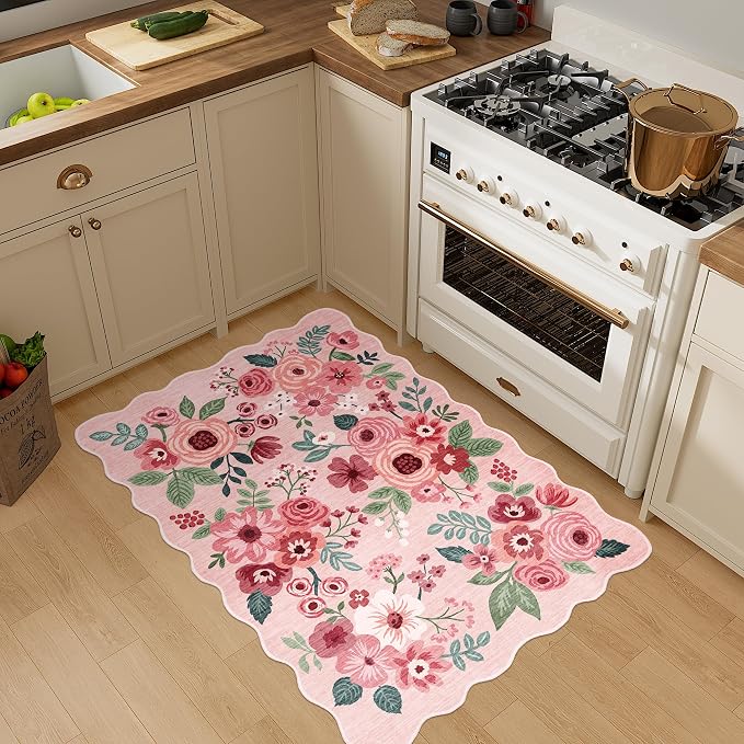 DUKINO 2x3 Rugs for Entryway, Floral Door Mat Washable Kitchen Rugs, Pink | Non Slip, Low Pile, Soft Small Rugs for Entrance, Bedroom, Bathroom, Laundry, Pet Friendly, Non-Shedding, Modern Home Decor