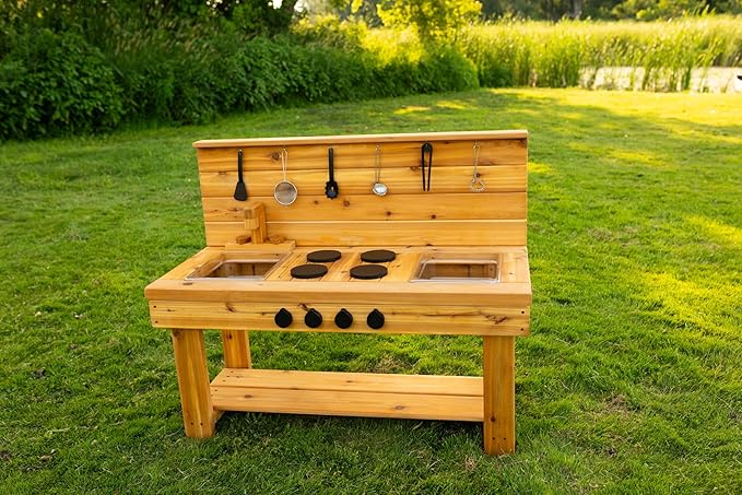 Noble Toys XL Cedar Outdoor Mud Kitchen Centered with Backsplash and Stovetop for Toddlers Kids | Pretend Play Table | Sensory Table | Outside Playset | Real Wooden Kitchens | Preschool Equipment