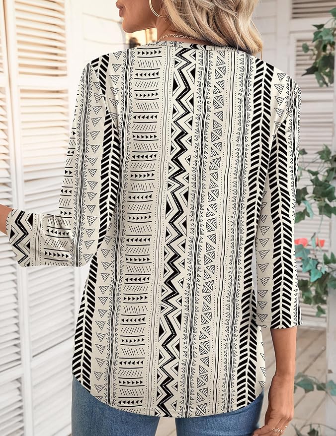 LOMON 3/4 Length Sleeve Womens Tops Spring Summer Fashion 2026 Tops Crew Neck Pleated Shirts Tunic Top Loose Fit