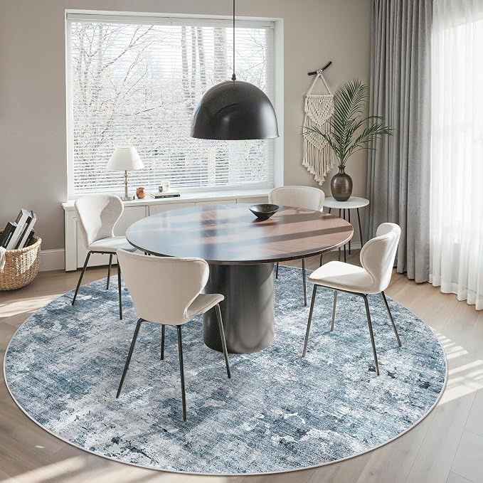 Soalmost Round Rugs 8ft Living Room Circle Area Rug 8x8 Blue/Grey Vintage | Washable Non Slip Abstract Carpet for Apartment, Dining Bedroom, Soft Low Pile Stain Resistant Foldable Floor Mat Entryway
