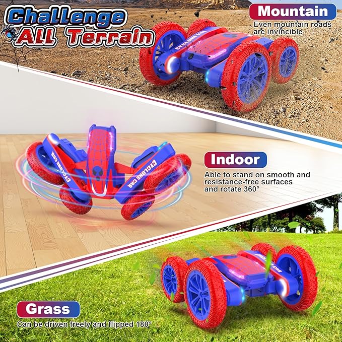 Spider Remote Control Car for Kids - 2.4Ghz Fast RC Stunt Cars, 360° Rotating 4WD RC Crawler with Lights, Rechargeable Car Toy for Boys Ages 6 7 8 9 10 Birthday Blue&Red