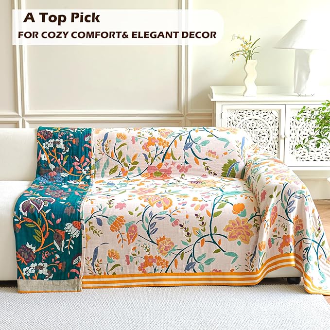 VANJOROY Boho Throw Blanket, 100% Organic Cotton Breathable Ultra Soft 91" x 108" King Bed Quilt Throw - All Season Floral Rustic Farmhouse Decor Luxury Blanket for Sofa Couch Chair and Gift