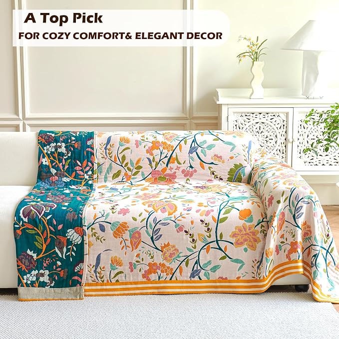 VANJOROY Boho Throw Blanket, 100% Organic Cotton Breathable Ultra Soft 91" x 98" Bed Quilt Throw - All Season Floral Rustic Farmhouse Decor Luxury Reversible Blanket for Sofa Couch Chair and Gift