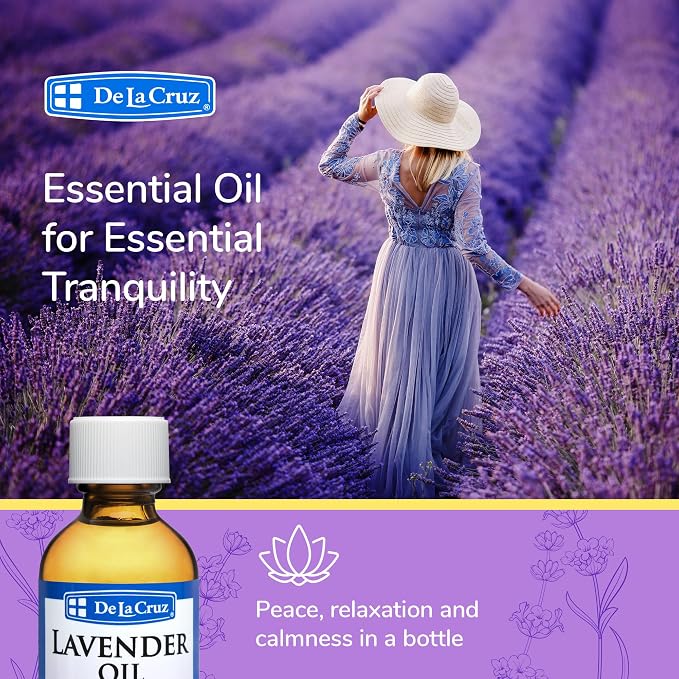 De La Cruz Lavender Essential Oil Steam-Distilled - 100% Pure Lavender Oil for Aromatherapy 2 Fl Oz (Pack of 1)