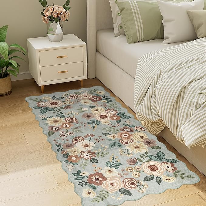 DUKINO 2x4 Rug for Entryway, Floral Washable Kitchen Rugs, Sage Green | Non Slip, Low Pile, Soft Throw Runner Rug for Hallway, Bedroom, Bathroom, Laundry, Pet Friendly, Home Decor, Stain Resistant