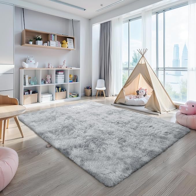 6x9 Tie-Dye Gray Shag Rug for Bedroom, Soft Plush Fluffy Carpet | Gray Area Rug for Living Room, Kids Nursery, Boys Dorm Room, Washable Non Slip Shaggy Carpet