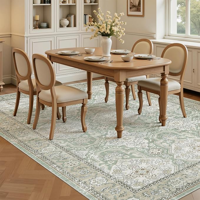 Soalmost 5x7 Area Rug Low Pile Washable Trendy Faded Style Rug, Green/Brown | Vintage Non-Slip Indoor Accent for Bedroom Dining, Foldable Stain Resistant Floor Carpet Mat Under Table Home Office Decor