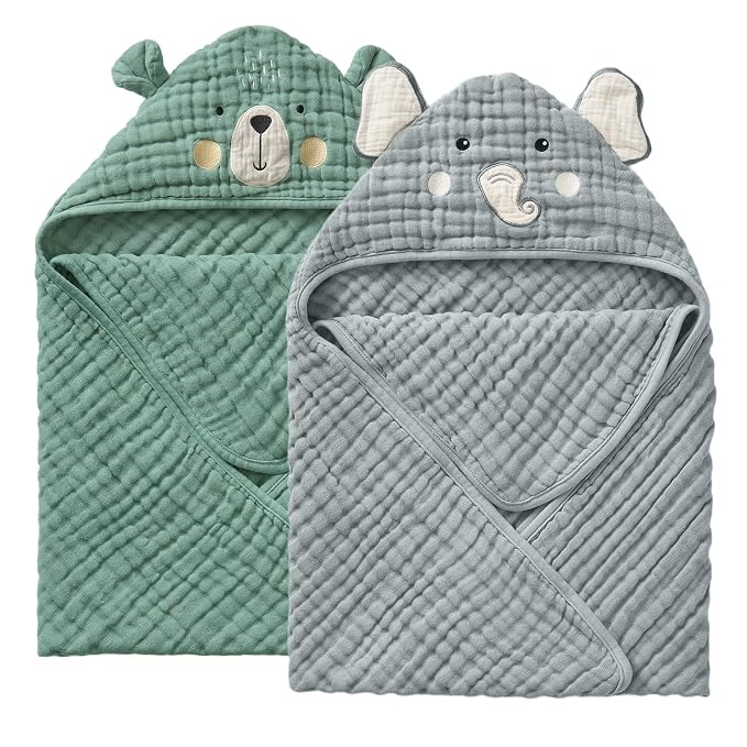 Blissful Diary Muslin Baby Hooded Towel 2 Pack, Soft & Absorbent Bath Towel for Infant, Toddler, Unisex, Baby Gift, Newborn Essentials, Smart Bear & Wise Elephant