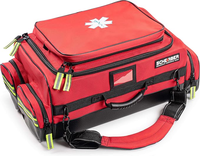 Scherber Fully Stocked First Responder Ultimate Professional EMT/EMS Trauma Kit | HSA/FSA Approved | w/10+ Compartments, Zippered Pockets, Dividers, Oxygen Access & 260+ First Aid Supplies (Red)