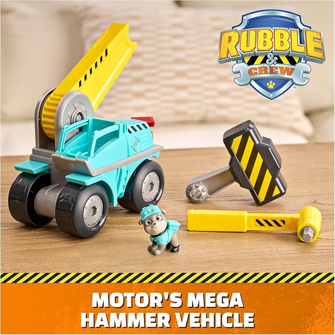 Rubble & Crew Motor Mega Hammer Vehicle, 10-Inch Construction Truck with Motor Action Figure, PAW Patrol Kids Toys for Boys & Girls Ages 3 and Up
