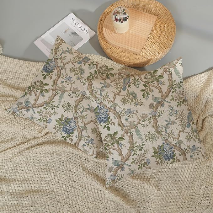 Blue Green Floral Bird Pillow Covers 20x20 Set of 2 Chinoiserie Throw Pillows Green Vintage Flowers Bird Decorative Pillow Cases Outdoor Chinoiserie Decor Farmhouse Cushion Case for Couch Sofa