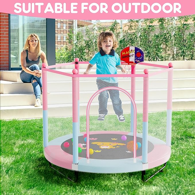 VGMiu 60" Trampoline for Kids, 5 FT Indoor & Outdoor Toddler Baby Trampoline with Basketball Hoop, Safety Enclosure, Birthday Gifts for Kids, Gifts for Boy and Girl, Age 3-8
