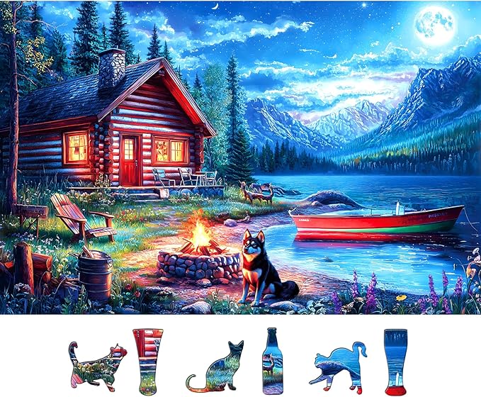 Moonlit Lake Cabin 500 Piece Jigsaw Puzzle for Adults & Seniors, Night Scenery Puzzle with Log Cabin, Lake, Mountains Adult Jigsaw Puzzles with Letters on Back Fun Family Puzzle Gift