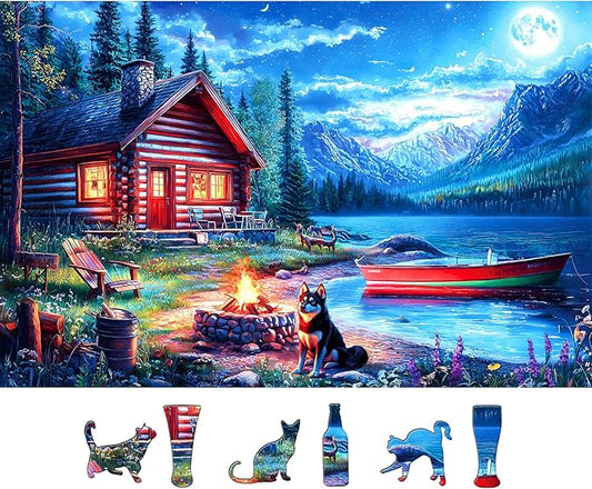 Moonlit Lake Cabin 500 Piece Jigsaw Puzzle for Adults & Seniors, Night Scenery Puzzle with Log Cabin, Lake, Mountains Adult Jigsaw Puzzles with Letters on Back Fun Family Puzzle Gift
