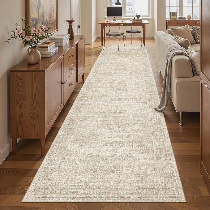 Soalmost Hallway Runner Rug 2'6" x 12' Washable Long Kitchen Rugs Beige | Non-Slip Vintage Runners 2.5x12ft for Bathroom Entryway, Thin Low-Pile Foldable Floor Carpet Mat 12 ft for Corridor Bedroom