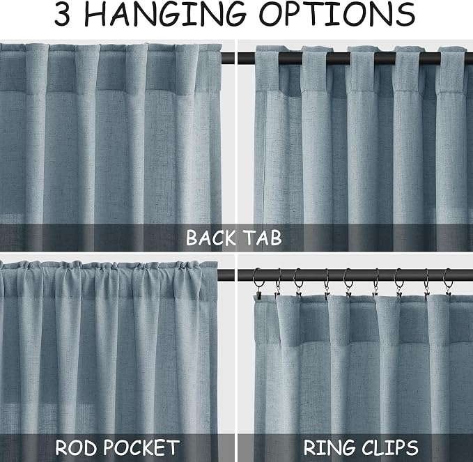 Nanspring Light Blue Linen Curtains Semi Sheer 96 Inches Long 2 Panels Set for Living Room Back Tab Rod Pocket Light Filtering Drape for Bedroom Modern Farmhouse Coastal Decor Protect Privacy 52x96.