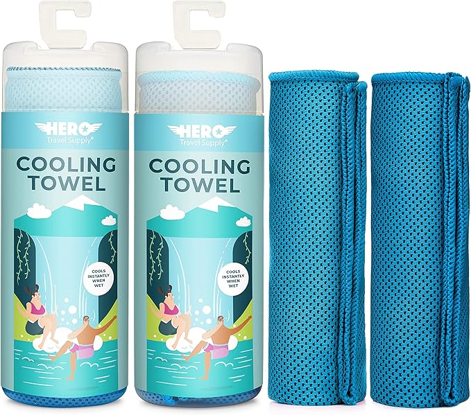 Hero Cooling Towel for Travel, Hiking, Sports, Yoga (2-Pack) Ultra Soft Microfiber 40" x 12" (Blue/Blue)