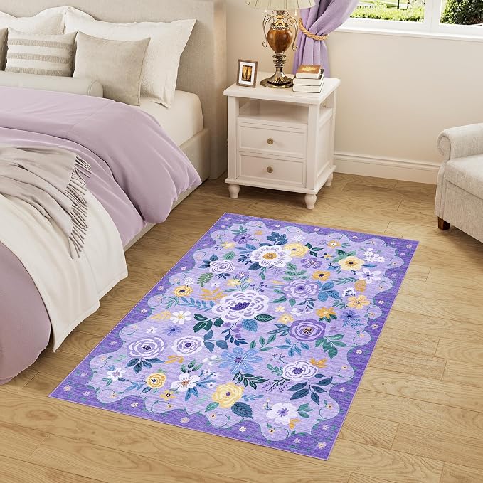 DUKINO 2x3 Entryway Rug, Floral Door Mat Soft Washable Rug Non Slip, Purple | Low Pile, Non-Shedding Small Rug for Kitchen, Entrance, Bedroom, Bathroom, Pet Friendly, Stain Resistant, Modern Home Decor