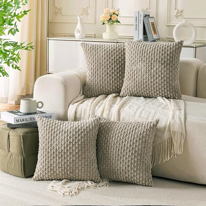 Set of 4 Taupe Decorative Throw Pillow Covers 22x22 Inch Corduroy Pillow Covers for Bed Couch Sofa Living Room Soft Square Cushion Cases