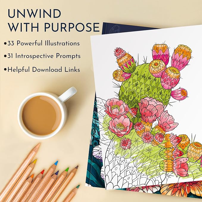 Flower Coloring Book for Adults with 31 Botanical Designs and Virtue Prompts – Plant Coloring Book for Mindfulness, Calming Stress Relief and Relaxation Gifts for Women & Men, Tear-Out Pages
