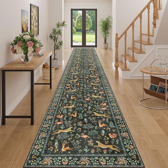 DUKINO 3x20 Washable Runner Rug, Non Slip Animal Hallway Runner Rug, Black | Soft, Low Pile, Stain Resistant Indoor Carpet Runner for Entryway, Kitchen, Bedroom, Bathroom, Pet Friendly, Home Decor