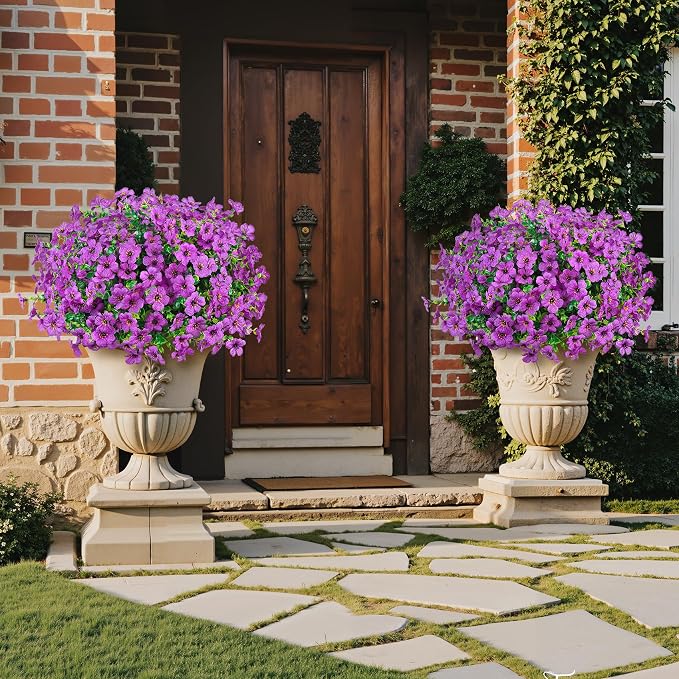 Ouddy Decor 24 Pcs Artificial Flowers for Outdoors Decorations, Purple | Lifelike silk flowers, UV resistant, faux plastic plants, for garden porch window table vase home indoor outdoor decor