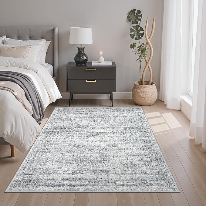 Soalmost 4x6 Area Rug for Living Room, Washable Rugs Non-Slip, Grey | Vintage Low-Pile Carpet for Dining Bedroom, Thin Foldable Stain Resistant Floor Mat Nursery Under Table Home Office Decor