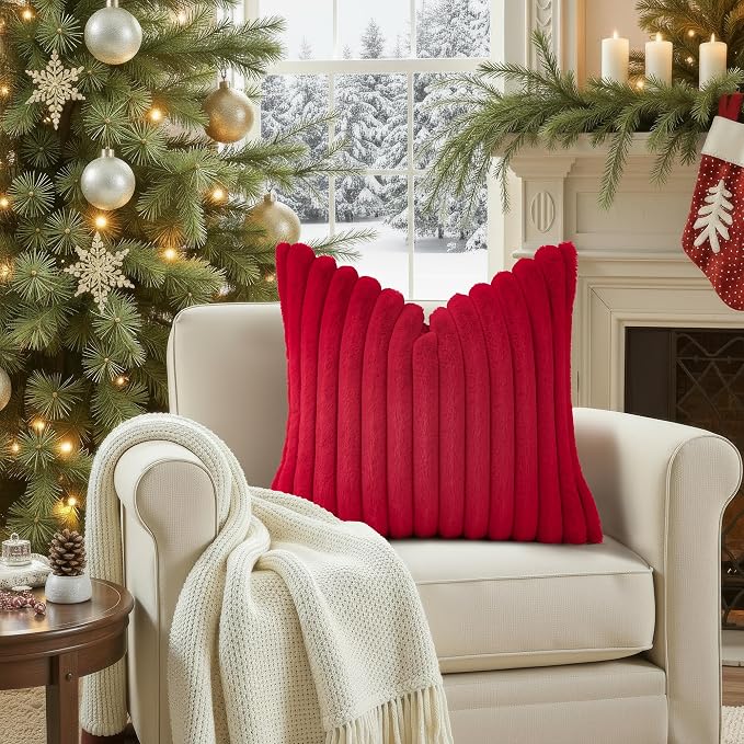decorUhome Fall Faux Fur Throw Pillow Covers 22x22 Set of 2 Red | Decorative Soft Cozy Striped Plush Modern Farmhouse Boho Couch Pillow Cases Velvet Back for Sofa Bed Living Room Home Decor