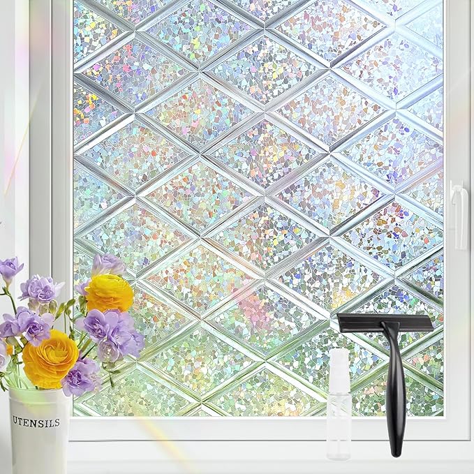 KESPEN Stained Glass Window Film Decorative Rainbow Privacy Window Film Anti UV Static Cling Glass Stickers for Home, 29.5 Inch X 6.5 Feet