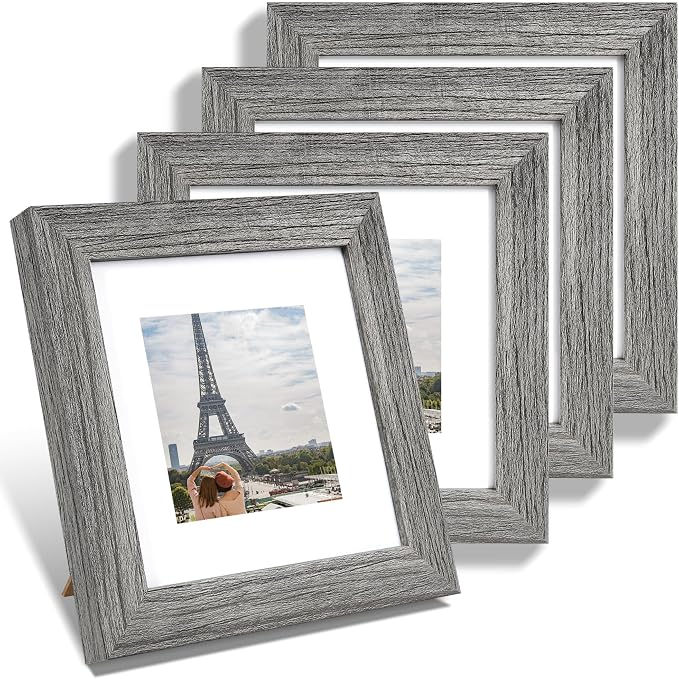 Hongkee 6x6 Picture Frame Set of 4, Made of Glass and Grey Wooden Frame - Display Picture 4x4 with Mat or 6 x 6 Without Mat, 6x6 Photo for Wall or Tabletop