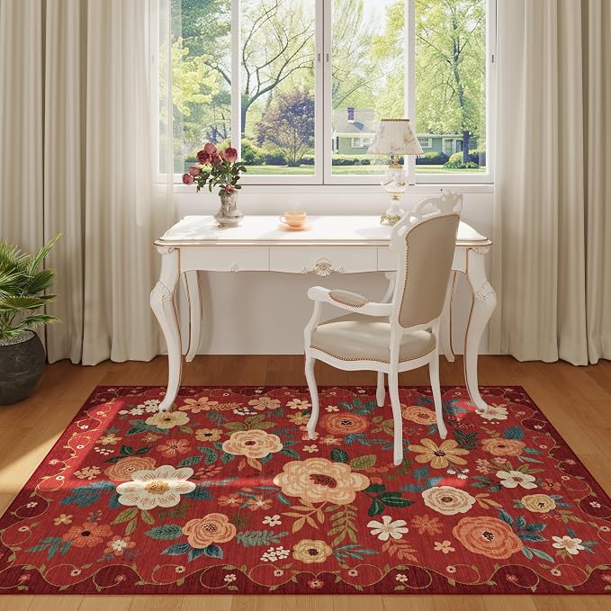 DUKINO 3x5 Area Rug, Floral Washable Rug for Bedroom Non Slip, Red | Soft, Stain Resistant Low Pile Indoor Rug for Entryway, Bedroom, Bathroom, Living Room, Pet Friendly, Home Decor, Lightweight
