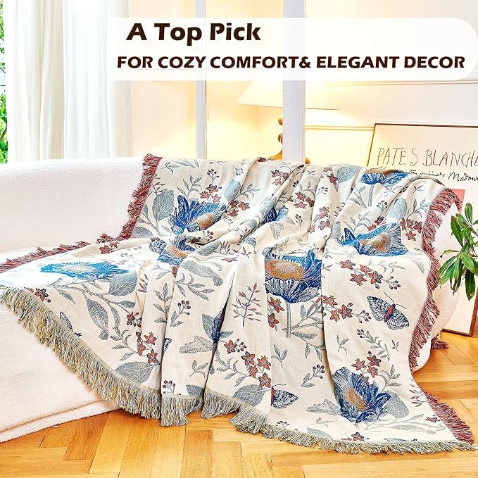VANJOROY Boho Throw Blanket, 100% Organic Cotton Breathable Ultra Soft Bed Quilt Throw - All Season Floral Bird Butterfly Farmhouse Decor Blanket for Sofa Couch Chair and Gift. 80" x 90"