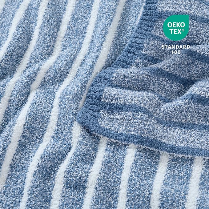 Snuggle Sac Ultra Soft Blue Throw Blanket for Couch, Reversible Cozy Knitted Ribbed Blankets, Fuzzy Knit Striped Throws for Sofa, Bed, Home Decor, Blue 50"x60"