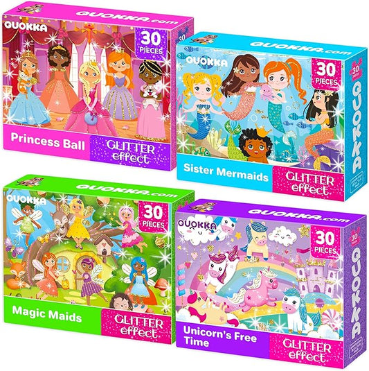 QUOKKA Puzzles for Toddlers 3-5 – Shimmer 4-Pack 30 Pieces Puzzles for Kids Ages 2-4 - Fairy Tale Jigsaw Set with Princess Unicorns for Kids 4-6 Years, Gift for 3 Year-Old Boy Girl, FSC Certified Toy