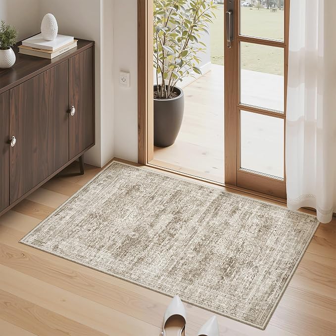 Soalmost 2x3 Washable Rugs for Kitchen, Entryway, Small Area Rug Brown | Non-Slip Vintage Low Pile Throw Door Mat For Bathroom Entry Laundry Powder Room, Stain Resistant Indoor Entrance Floor Carpet