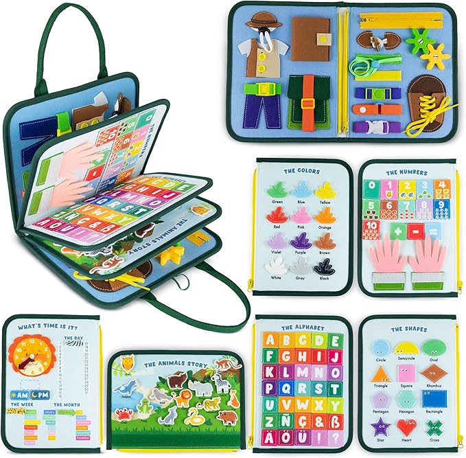 BONNYCO Busy Board for 1 Year Old Animals Montessori Busy Book for Toddlers 1-3 2-4, Felt Quiet Book Baby, Montessori Toys, Toddler Learning Toys Travel Airplane Car | Educational Activity Board