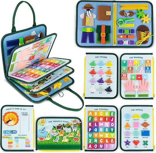 BONNYCO Busy Board for 1 Year Old Animals Montessori Busy Book for Toddlers 1-3 2-4, Felt Quiet Book Baby, Montessori Toys, Toddler Learning Toys Travel Airplane Car | Educational Activity Board